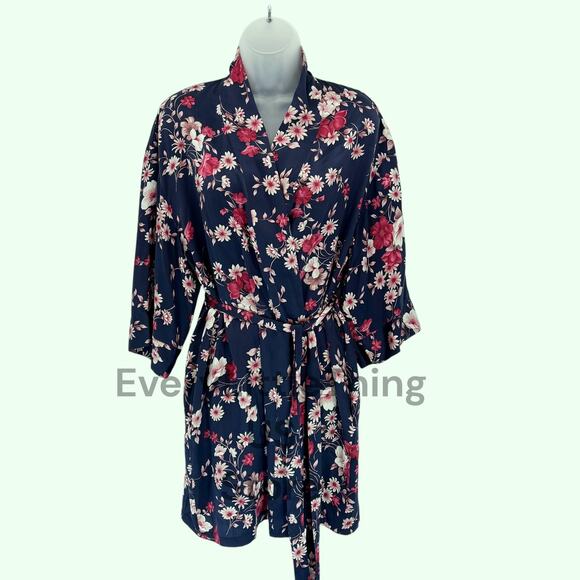 August Silk Intimates 100% Silk Kimono Robe M Floral Short Pockets Lounge Navy - Picture 1 of 7